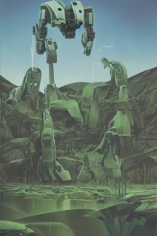 Image similar to giant mecha robot fight with giant сyclops with laser, swamps landscape and pillars by helen lundeberg