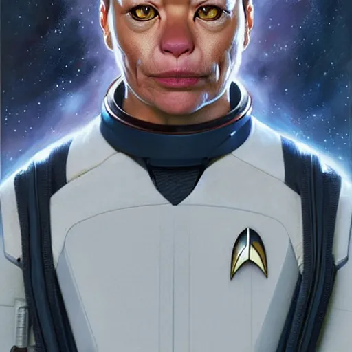 Image similar to UHD Photorealistic Feline-human hybrid Starfleet Officer wearing a spacesuit with hyperrealistic, correct details, cosmic dynamic lighting, symmetrical face, accurate face, by Greg Rutkowski