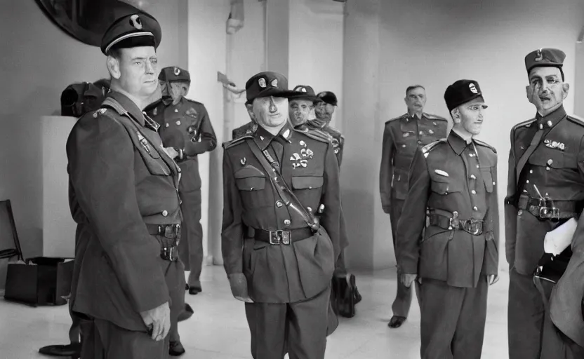 Image similar to 50s movie still of very diverse one general, one officers, one marshal, with very detailed faces in a stalinist style hall, by Alexei Guerman, Cinestill 800t 35mm black and white, heavy grainy picture, very detailed, high quality, 4k, HD criterion, precise texture, diverse faces, diverse haircuts, diverse ages, each faces precisely define