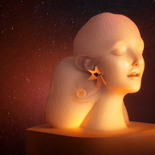 Prompt: sponge sculpture goddess of space, beauty, pretty face, glossy skin, stars, glowing, soft light, hdri, smooth, sharp focus, fantasy, intricate, elegant, highly detailed, 8 k