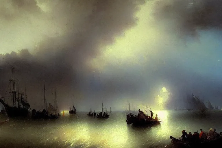 Image similar to A beautiful painting of port town during thunderstorm by Ivan aivazovsky and greg rutkowski