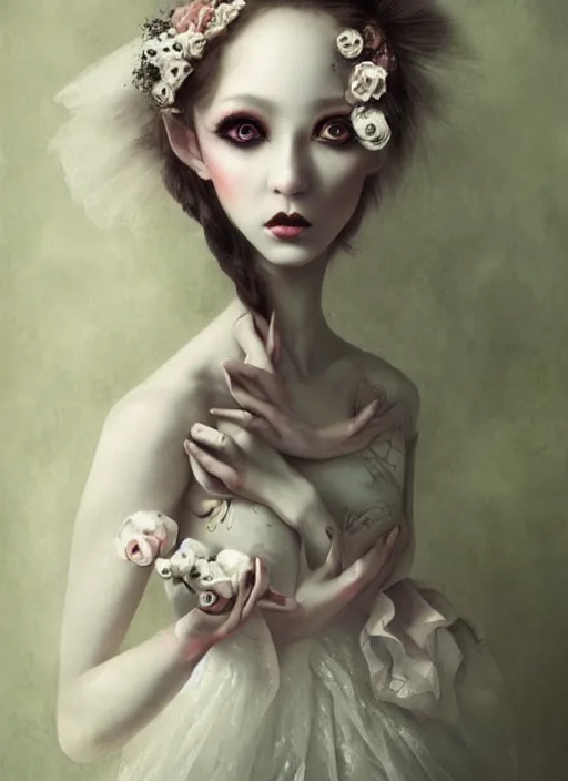 Image similar to pop surrealism, lowbrow art, realistic cute bride white gown girl painting, japanese street fashion, hyper realism, muted colours, rococo, natalie shau, loreta lux, tom bagshaw, mark ryden, trevor brown style,