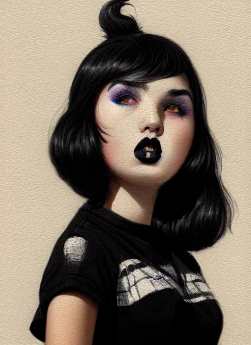 Image similar to portrait of a plump teenager with a crooked nose and a confident expression, 1 9 6 0 s, black clothes, goth, punk, brightly coloured hair, funk, intricate, elegant, highly detailed, digital painting, artstation, concept art, smooth, sharp focus, illustration, art by wlop, mars ravelo and greg rutkowski