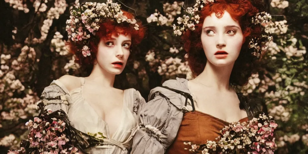 Image similar to cyberpunk girl, vintage style, wrapped in flowers and wired, by barry lyndon, ultra detailed, high resolution, cinematic