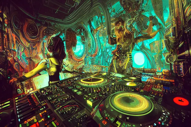 Image similar to a fisheye lens photo of a post apocalyptic tribal neon cyborg dj tweaking and playing synthesizers in the most complicated and technical spiral fractal musical studio, powerful, cinematic, beautifully lit, by donato giancola, by artgerm, by karol bak, 3 d, perfect face and body, trending on artstation, octane render, 8 k