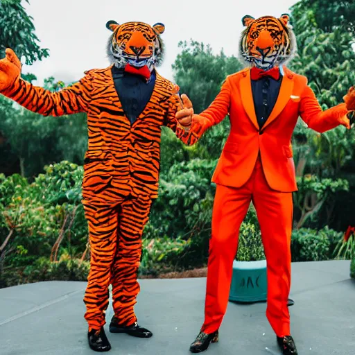 Image similar to two anthropomorphic tiger magicians in flamboyant colorful suits giving commands to their two humans who are doing suits, 4k, live photography, event photography