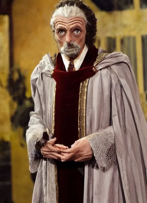 Prompt: movie still of miles richardson as irving braxiatel in timelord!! ceremonial!! robe in the doctor who series,