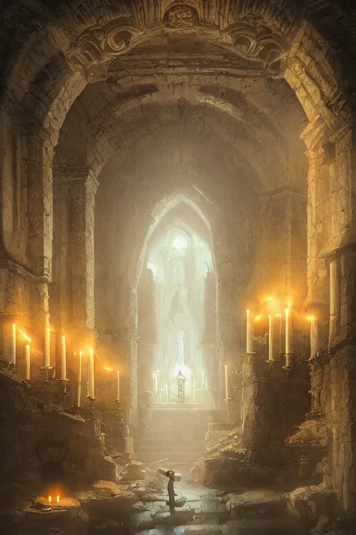 Prompt: Detailed Interior of Monastery Ruins, serene pale, light of god, light shafts, candles, stunning atmosphere, in Style of Peter Mohrbacher, cinematic lighting