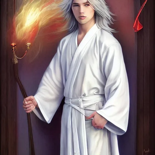 Image similar to teen boy, handsome, godly looks, long white hair, white daoist robes, digital painting, highly detailed, full body, d&d, by sophie anderson