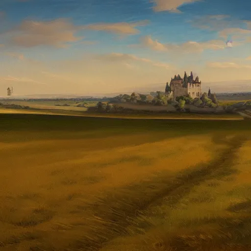 Prompt: painting of a vast field in a large medieval kingdom, dirt paths in various directions and a cattle ranch and a large castle visible in the distance, trending on artstation