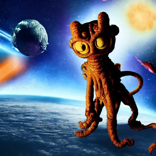 Image similar to eldritch horror bloody garfield in space, hd, 8 k, giant, epic, realistic photo, unreal engine, stars, prophecy, powerful, cinematic lighting, destroyed planet, debris, violent, sinister, ray tracing, dynamic, epic composition, dark, horrific, teeth, grotesque, scary, monochrome drawing