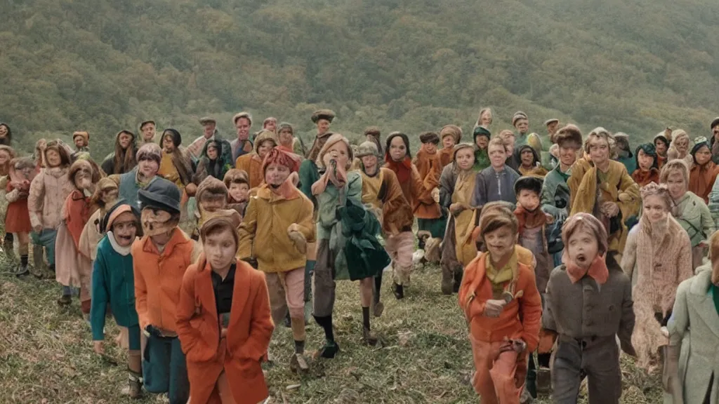 Prompt: A still from a Wes Anderson movie where the Pied Piper is luring hundreds of kids up a hill, long shot