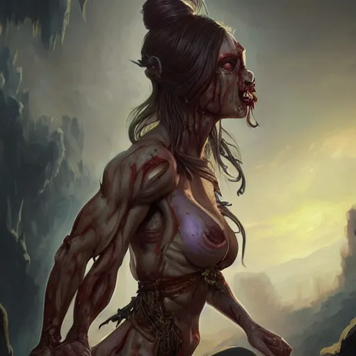 Image similar to muscular female zombie, deep focus, d & d, fantasy, intricate, elegant bikini, highly detailed, digital painting, artstation, concept art, matte, sharp focus, illustration, hearthstone, art by artgerm and greg rutkowski and alphonse mucha