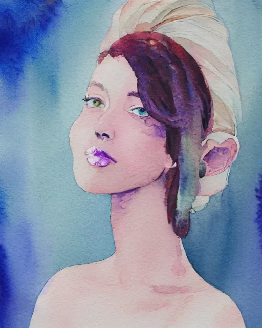 Prompt: watercolor picture of a beautiful young woman in white dress, looking back at the camera, blue eyes, purple hair, high key, watercolor