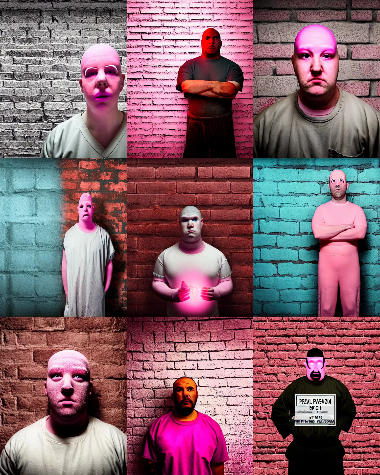 Prompt: prison mugshot of anthropomorphized real - life patrick star, bright flash, vibrant colors, pale pink skin, cement brick wall background, soft vignette, grim expression, realistic, low saturation, nypd, portrait photograph