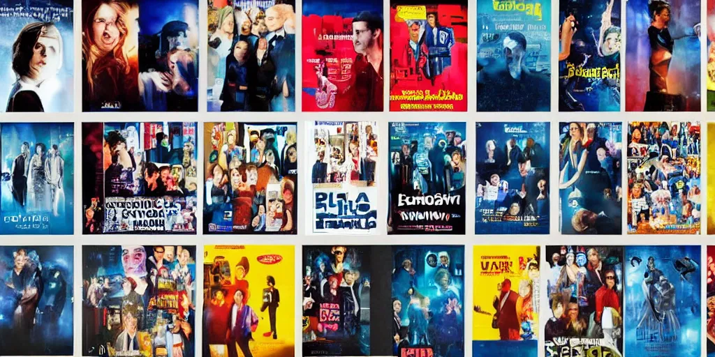 Prompt: collage of tv show posters on a white wall, with blue overtones