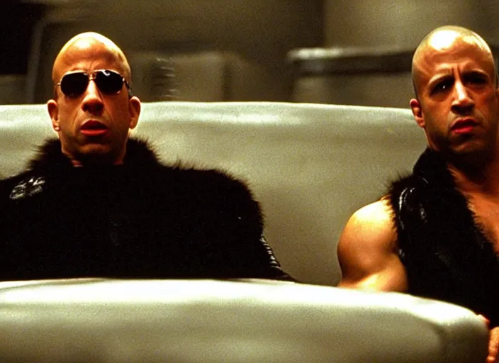 Prompt: film still of Vin Diesel as Tyler Durden wearing big fur coat in Fight Club 1999