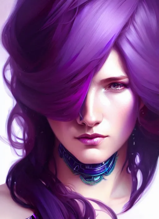 Image similar to Purple hair, creative colouring Portrait of woman, fashion, intricate, elegant, highly detailed, digital painting, artstation, concept art, smooth, sharp focus, illustration, art by artgerm and greg rutkowski and alphonse mucha