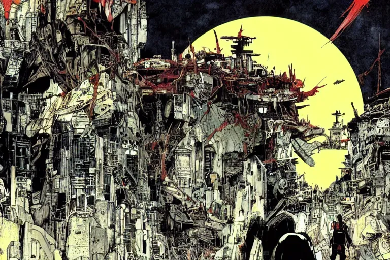 Image similar to no man's land, remnants of the human civilization, post-apocalyspe, a color illustration by Tsutomu Nihei, Tetsuo Hara and Katsuhiro Otomo