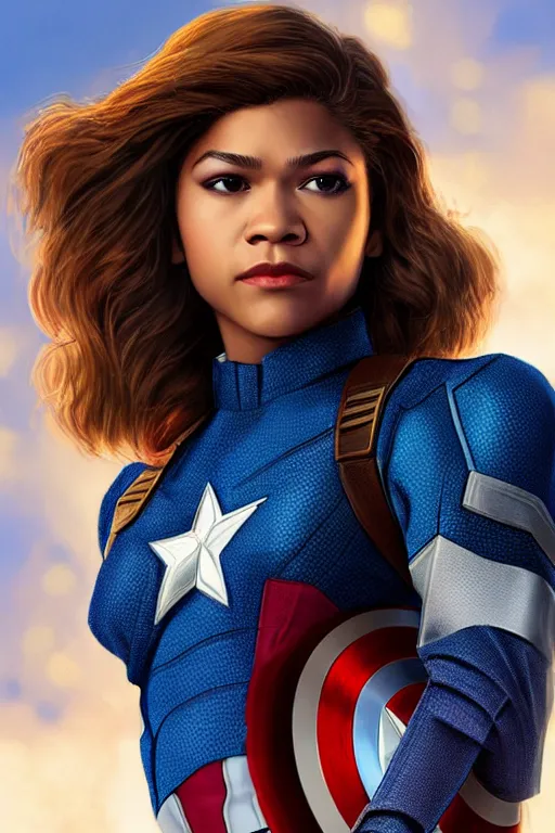Prompt: A Zendaya as Captain America by Jason Chan and John J. Park Ultra detailed, hyper realistic, 4k