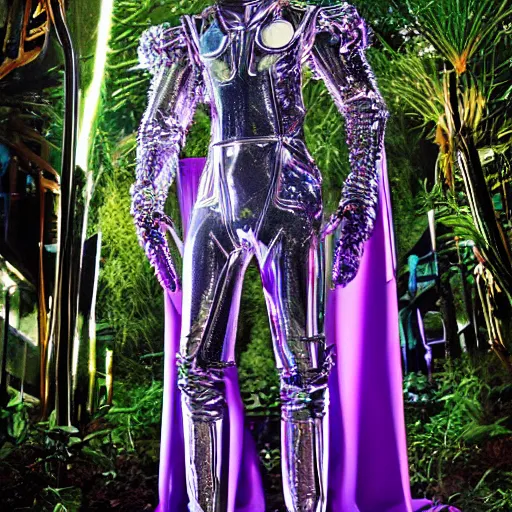 Image similar to conde nast traveler photo, inside a futuristic minimalist alien jungle made out of shiny reflective chrome, futuristic android with limbs made out of stretchy rubber tubing mixed with shiny colorful giant intricate detailed chrome gauntlets and chest piece and gladiator helmet, wearing a long purple velvet cape, fog and mist