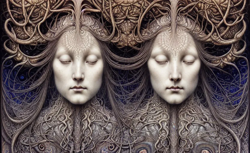 Image similar to detailed realistic beautiful moon goddess face portrait by jean delville, gustave dore, iris van herpen and marco mazzoni, art forms of nature by ernst haeckel, art nouveau, symbolist, visionary, gothic, neo - gothic, pre - raphaelite, fractal lace, intricate alien botanicals, ai biodiversity, surreality, hyperdetailed ultrasharp octane render