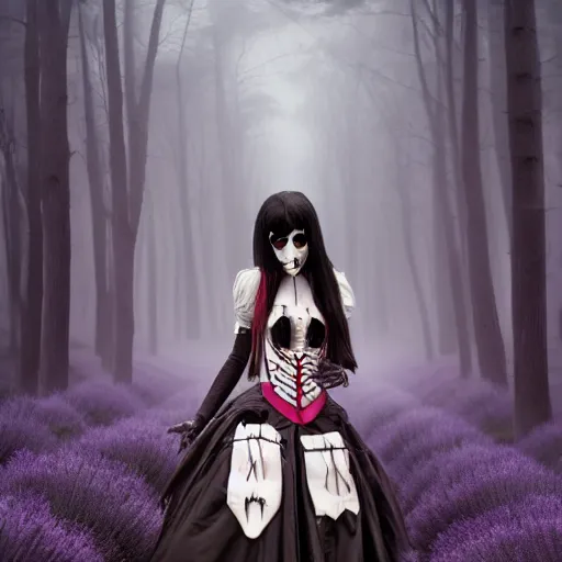 Image similar to american mcgee's vampire goth cyborg alice in lavender madness land sharp focus hyperrealistic cinematic forest of fog sharp portrait