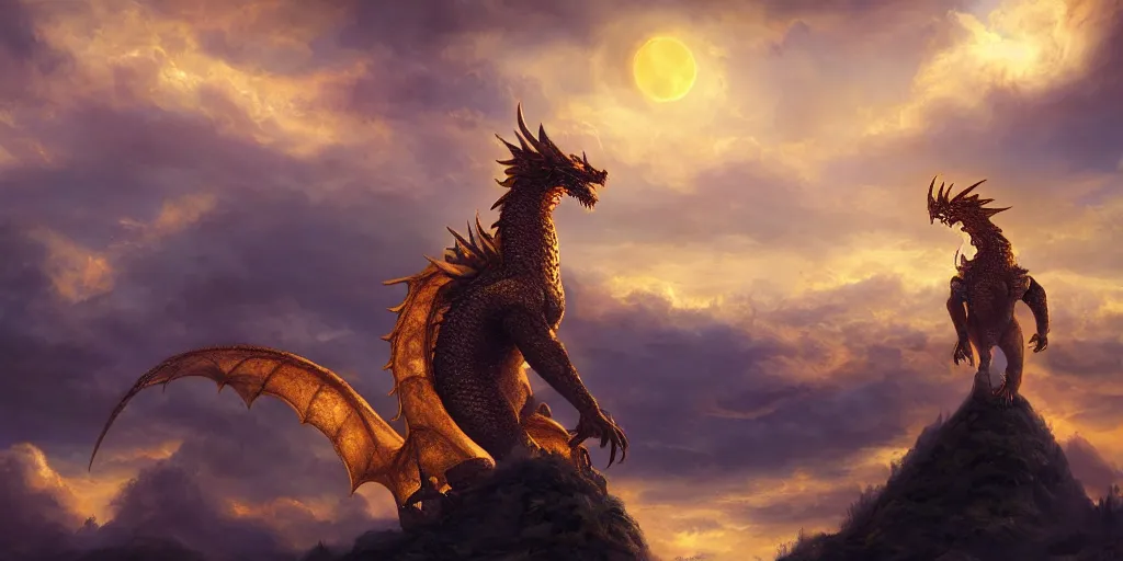 Image similar to !dream a beautiful digital painting of golden eastern giant dragon alone in sky, night clouds, above city, atmospheric lighting, Octane Render a fantasy digital painting by James Gurney, trending on Artstation, hyperrealistic, realistic, photorealistic, dynamic lighting, highly detailed, cinematic landscape, studio lighting