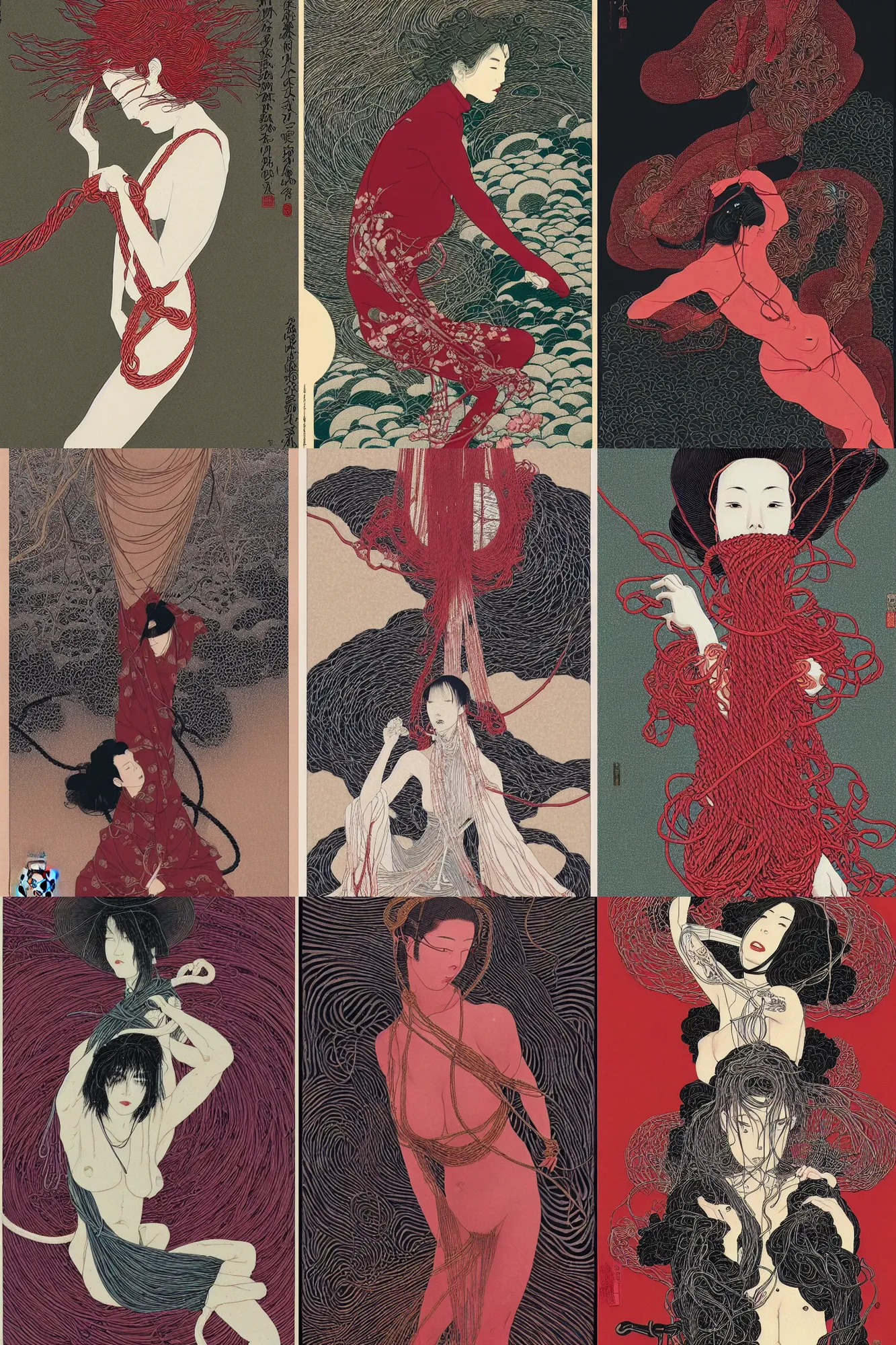 Prompt: woman, rope bondage, by takato yamamoto, by victo ngai, by james jean, eerie, mysterious, dark, red