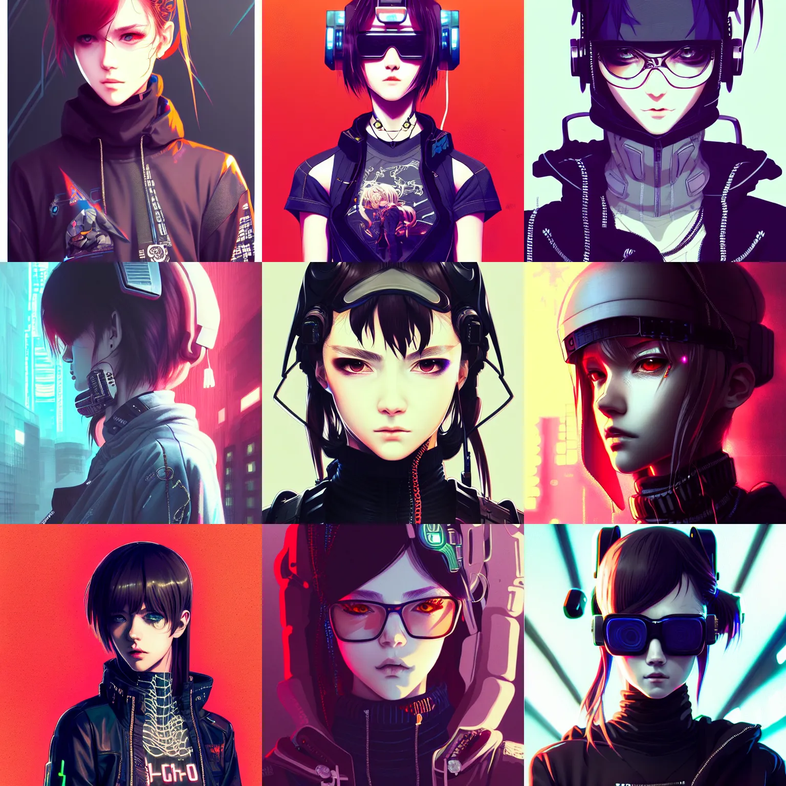 Prompt: very cool girl wearing wearing intricate cyberpunk streetwear, detailed portrait, intricate complexity, cell shaded, 4 k, by kyoto animation, artgerm, ilya kuvshinov, krenz cushart, greg rutkowski, pixiv, piercing eyes, beautiful, cinematic dramatic atmosphere