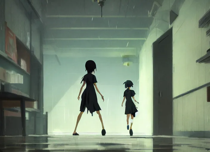 Prompt: a tall matte black creature running after a man the backrooms, yellow wallpaper, florecent lights on the ceiling, wet carpet, liminal space, by makoto shinkai an krenz cushart