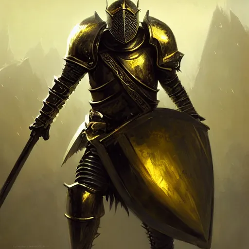 Image similar to anthropomorphic knight warrior in battle wearing black and gold plate armor, oil painting, Tooth Wu, Greg Rutkowski, RPG, dynamic lighting, fantasy art, High contrast, depth of field, landscape, scenery