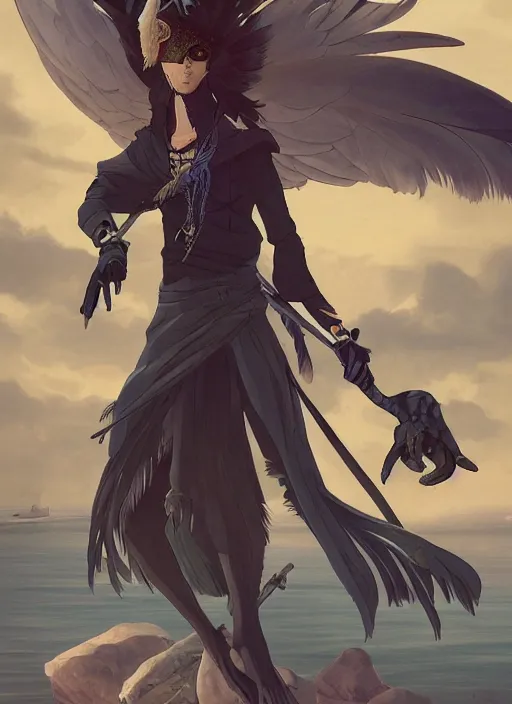 Image similar to concept art painting of an androgynous bird person with human face and black feathers, pirate clothes, by the ocean, detailed, cel shaded, in the style of makoto shinkai and james gurney and moebius and greg rutkowski and artgerm