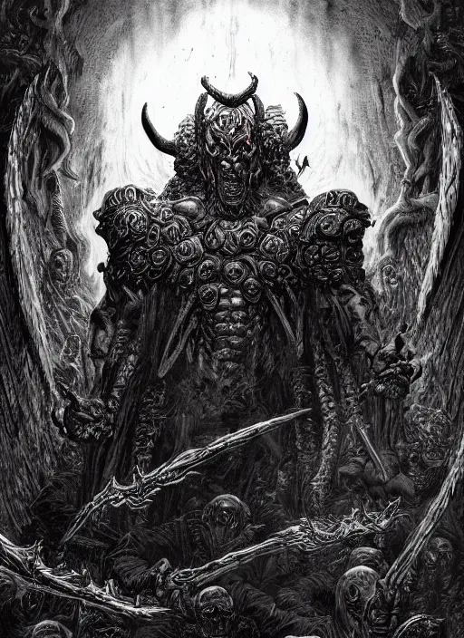 Prompt: the demon nebiros is supposedly the most valiant marquess of hell, and has nineteen legions of demons under his command, digital illustration in a mixed style of serhiy krykun and ken taylor, inspired by gustave dore, intricate, hyper detailed, stunning inking lines, 4 k, hd, award winning, photorealistic