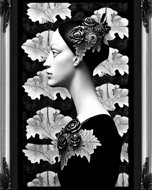 Image similar to black and white masterpiece profile portrait painting, dutch masters, silver lace floral steampunk biomechanical beautiful one techno eye young female cyborg, big monocular, volumetric light, leaves foliage and stems, hibiscus flowers, by dora maar, rim light, big gothic fashion pearl embroidered collar, 8 k