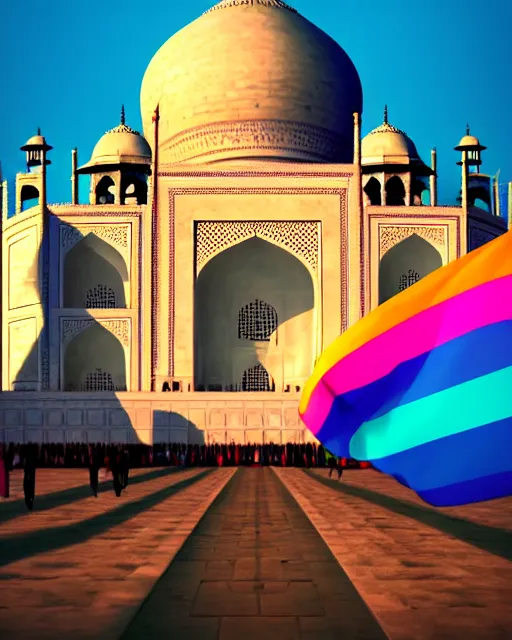 Image similar to gay pride!!!! at taj mahal. high quality photorealistic octane render 4 k, hyperrealism, volumetric fog, serious, cgstation, symmetric