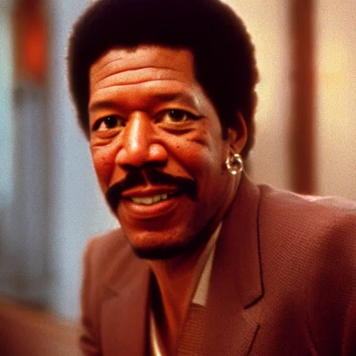 Image similar to a 1970s film still of Morgan Freeman dressed as Lionel Richie, 40mm lens, shallow depth of field, split lighting