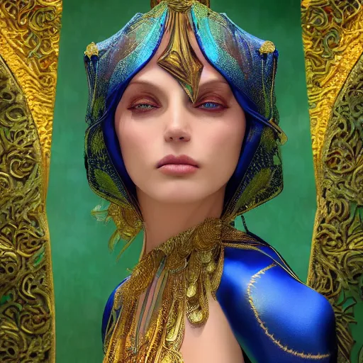 Image similar to a beautiful woman wearing a blue and green kaftan made of silk with golden ornaments and diamonds by alex gray and android jones , Karol Bak, Ayami Kojima, Amano , concept art, character design, fantasy,3D, 8k resolution