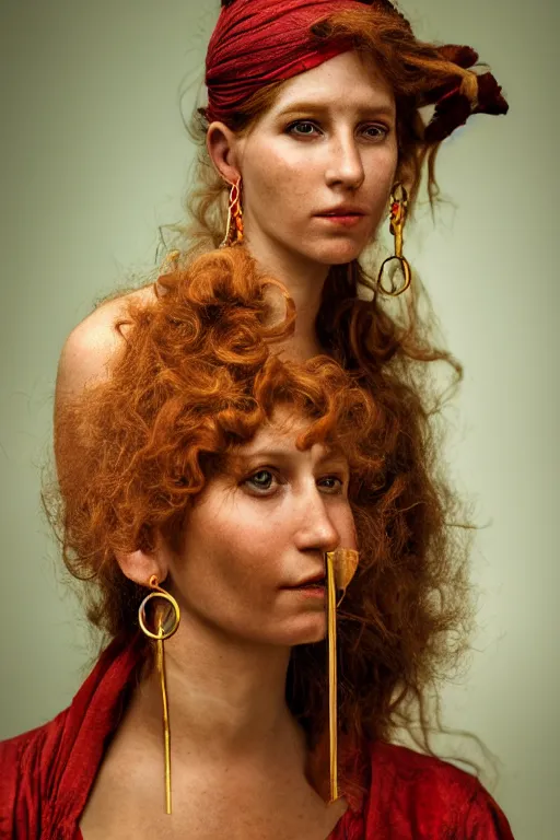 Image similar to Beautiful 19th Century Barbary Coast pirate female model with amazing Ginger hair and Golden hooped earrings photography by Steve McCurry