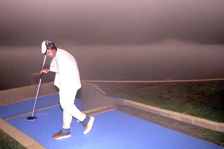 Prompt: tony stark playing mini golf in nevada, fog, mid night, 2000s photo