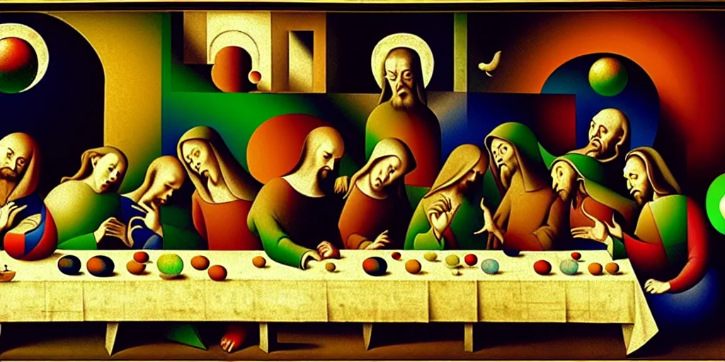 Image similar to very old and very detailed great canvas with wonderful gradient from warm to cold tones, multilayer last supper johannes itten and hiroshi nagai colors,, pattern of escher style 3 6 0 panorama with hieronymus bosch style bubbles, contrast of light and shadows, unfinished,, digital 4 k, super resolution
