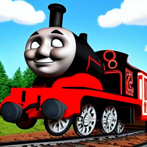 Image similar to photo realistic black and red thomas the tank engine with a white face going fast