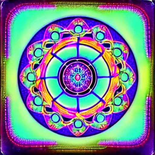 Image similar to vintage polaroid style image of neon mandala sacred geometry fractals