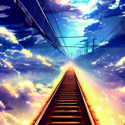 Prompt: a beautiful ultradetailed anime illustration，up to bottom is clouds，sea，railway，by makoto shinkai，anime wallpaper 4k，prismatic