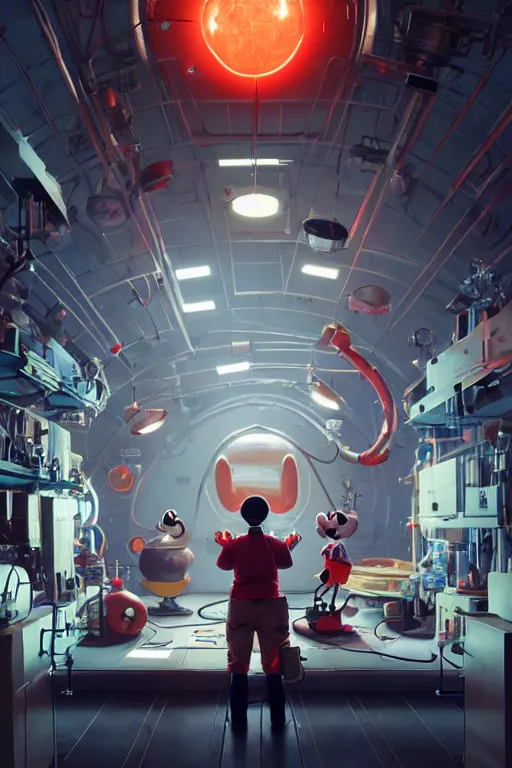 Image similar to bunch of mechanics operating bloody mickey mouse head in science facility, big glowing netflix logo behind, greg rutkowski, beeple, gilleard, alphonse mucha cgsociety, unreal engine, octane render, highly detailed 4 k art, smooth, sharp focus, cinematic lighting,