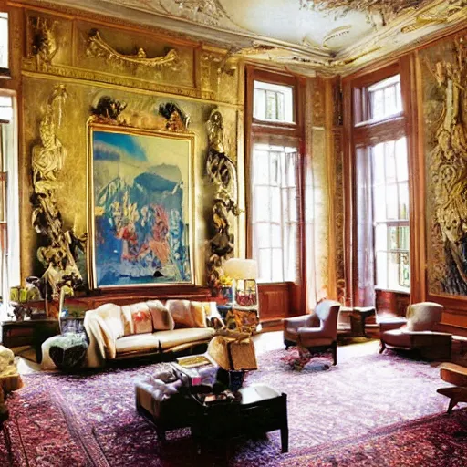 Prompt: giant mansion living room that is 100 feet tall, with giant walls filled with modern art paintings, doors that are cosmic portals, photo by Annie Leibovitz