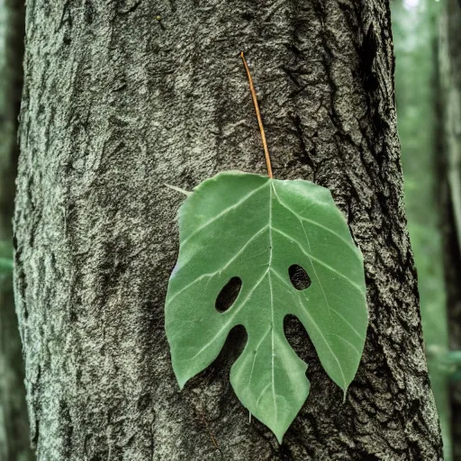 Prompt: realistic photo of a leave nailed on a tree log in a forest