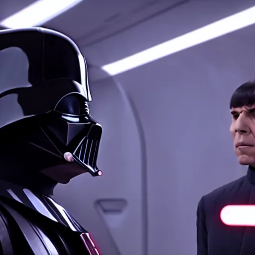 Image similar to photoelectric movie scene with mister spock in star wars duelling darth vader, high quality, 8 k