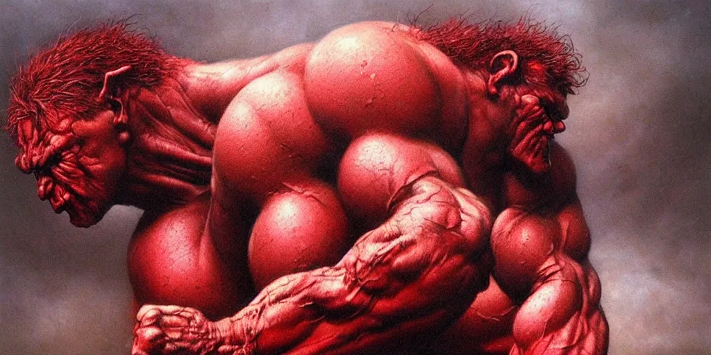 Prompt: Red Hulk by Beksinski, Luis Royo