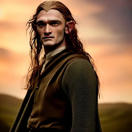 Image similar to photographic portrait of a stunningly beautiful renaissance pre raphaelite king legolas the elf male in soft dreamy light at sunset, contemporary fashion shoot, by edward robert hughes, annie leibovitz and steve mccurry, david lazar, jimmy nelsson, breathtaking, 8 k resolution, extremely detailed, beautiful, establishing shot, artistic, hyperrealistic, beautiful face, octane render